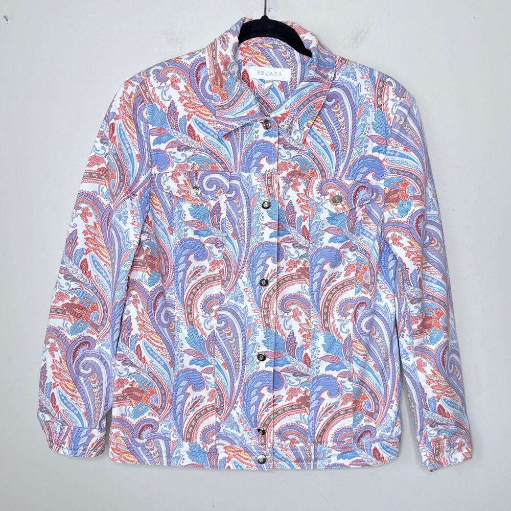 Escada Paisley Print Button Up Cotton Stretch Jacket Size 42 US 12/L Art to Wear